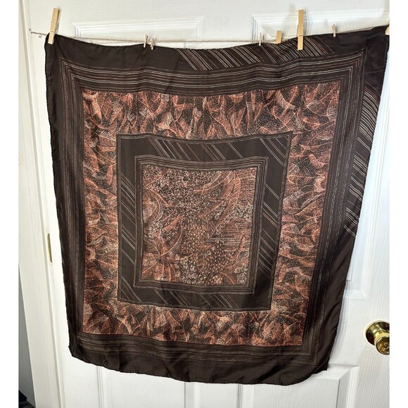 Ladies Scarf 100% Silk Hand Painted & Hand Rolled Brown 31in x 29.5in Abstract - Picture 1 of 7
